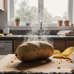 Steam rises from a hot russet potato on a worn wooden cutting board with crumpled chips and a crushed soda can for breakfast