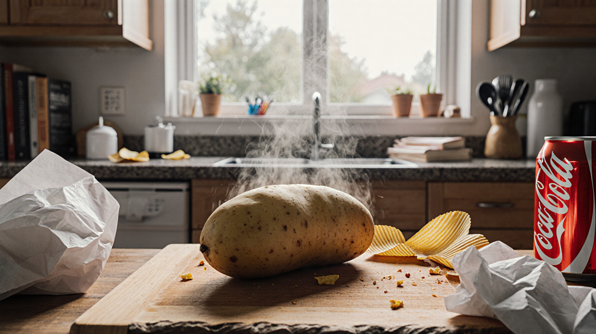 Steam rises from a hot russet potato on a worn wooden cutting board with crumpled chips and a crushed soda can for breakfast