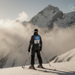 Athlete standing with skis at mountain base with mist and Olympic logo in foglit background.