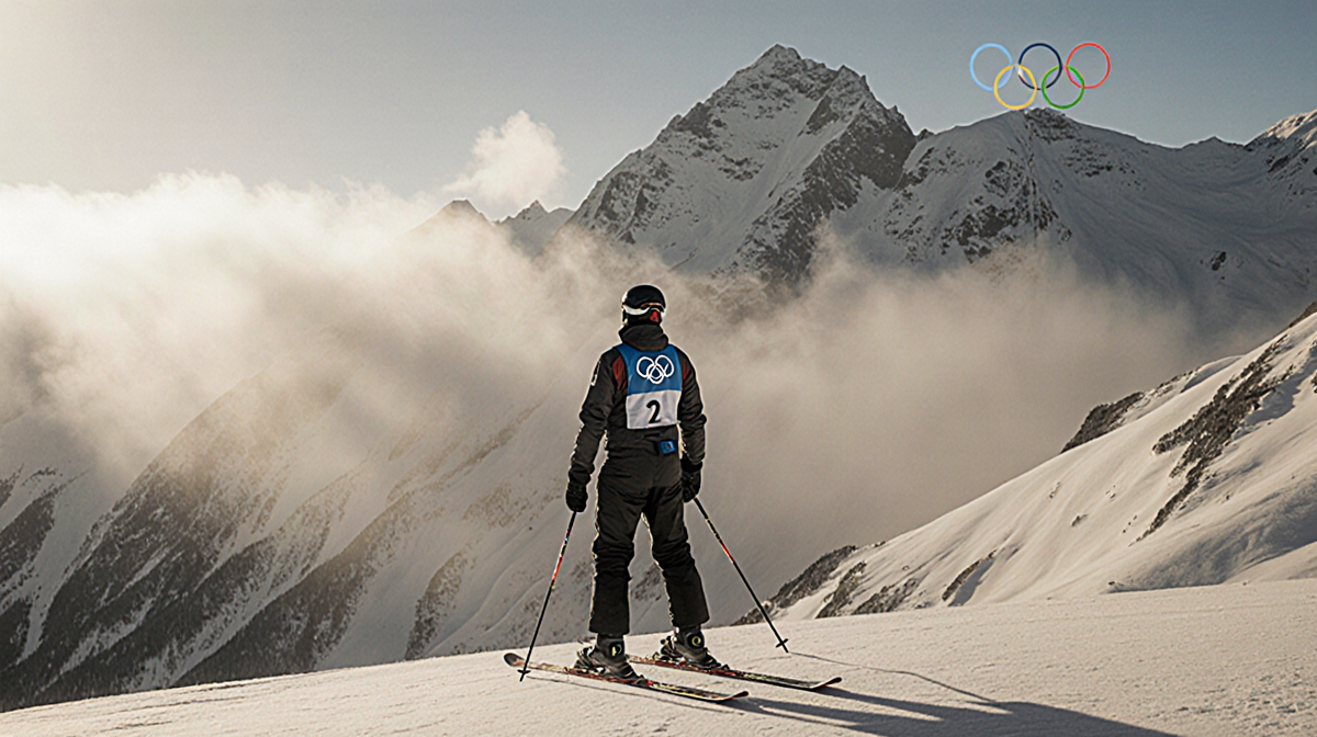 Athlete standing with skis at mountain base with mist and Olympic logo in foglit background.