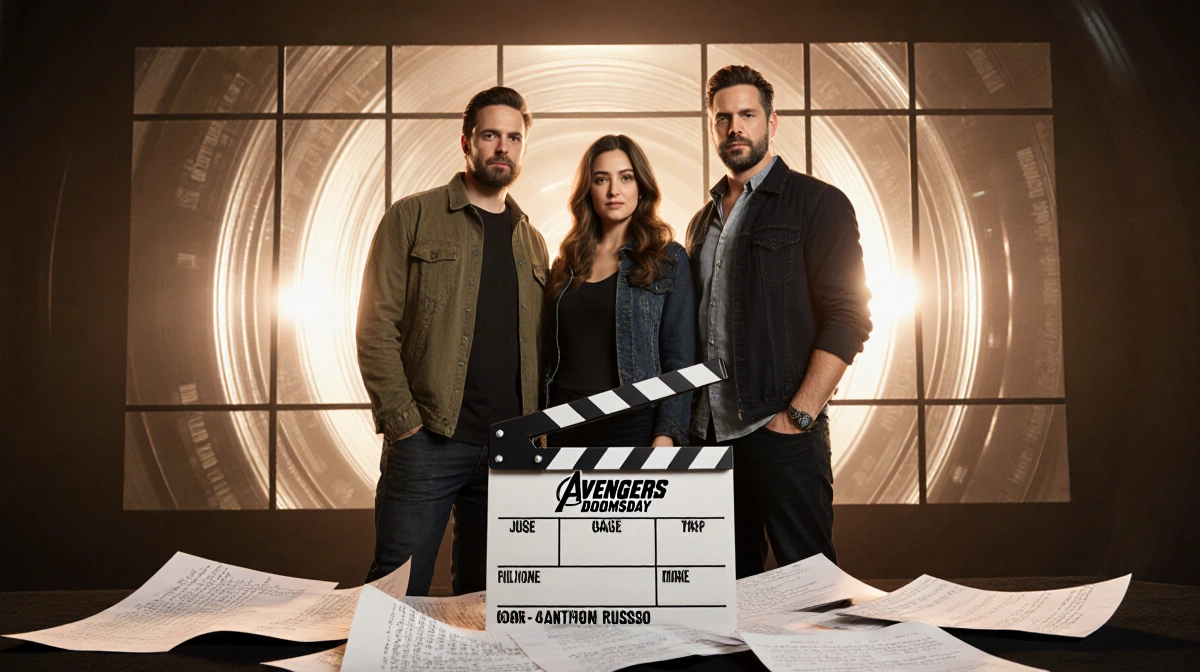 Joe and Anthony Russo stand with Zoe Saldaña holding Avengers Doomsday clapboard and script pages