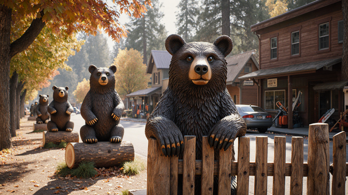 Central bear sculpture resting paw on log with autumn foliage and sunlight filtering through trees on a rustic street