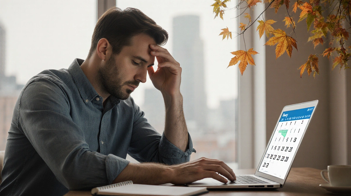 Rusty sits at desk with laptop calendar and notebook while autumn leaves show through window