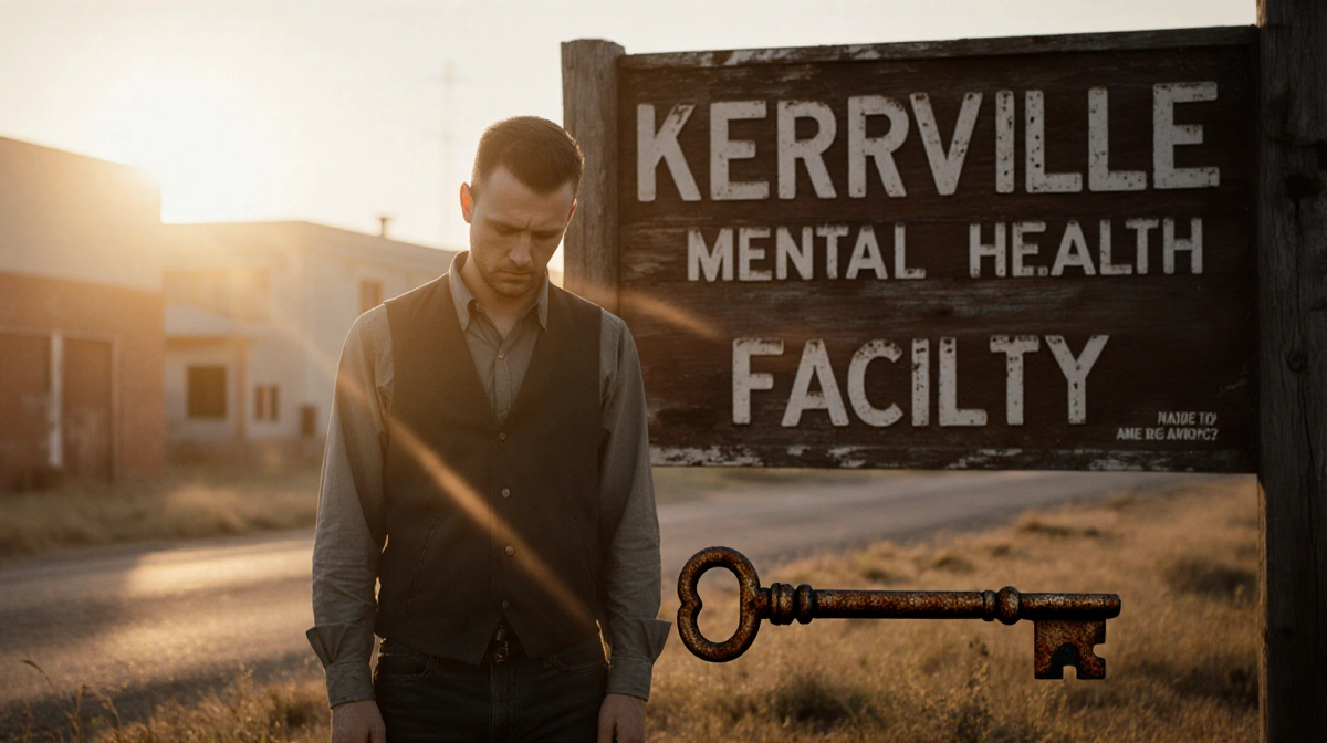 Rusty Yates stands before Kerrville Mental Health Facility sign with head bowed and rusty key at his feet