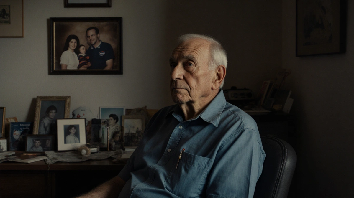 Older man sits alone with faded family photo and personal mementos showing memories