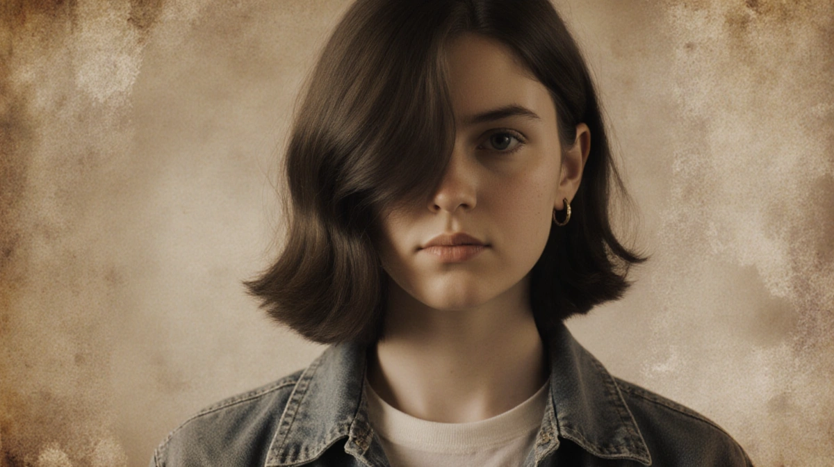 Young woman poses in 90s vintage clothing with hair obscuring her face and warm nostalgic tones