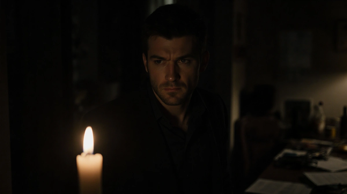 Ryan enters candlelit room with flickering shadows and scattered planning materials showing tension
