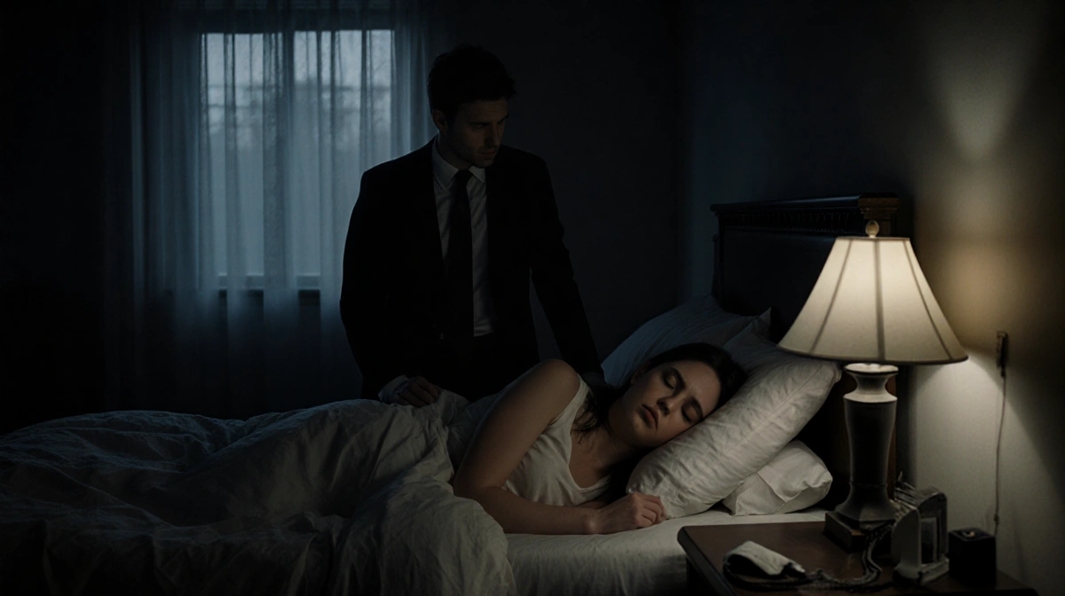 Ryan stands over Christine sleeping in dim bedroom with subtle BDSM restraints visible on nightstand