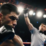 Ryan Garcia landing powerful punch on Zavala with referee stopping fight under bright arena lights