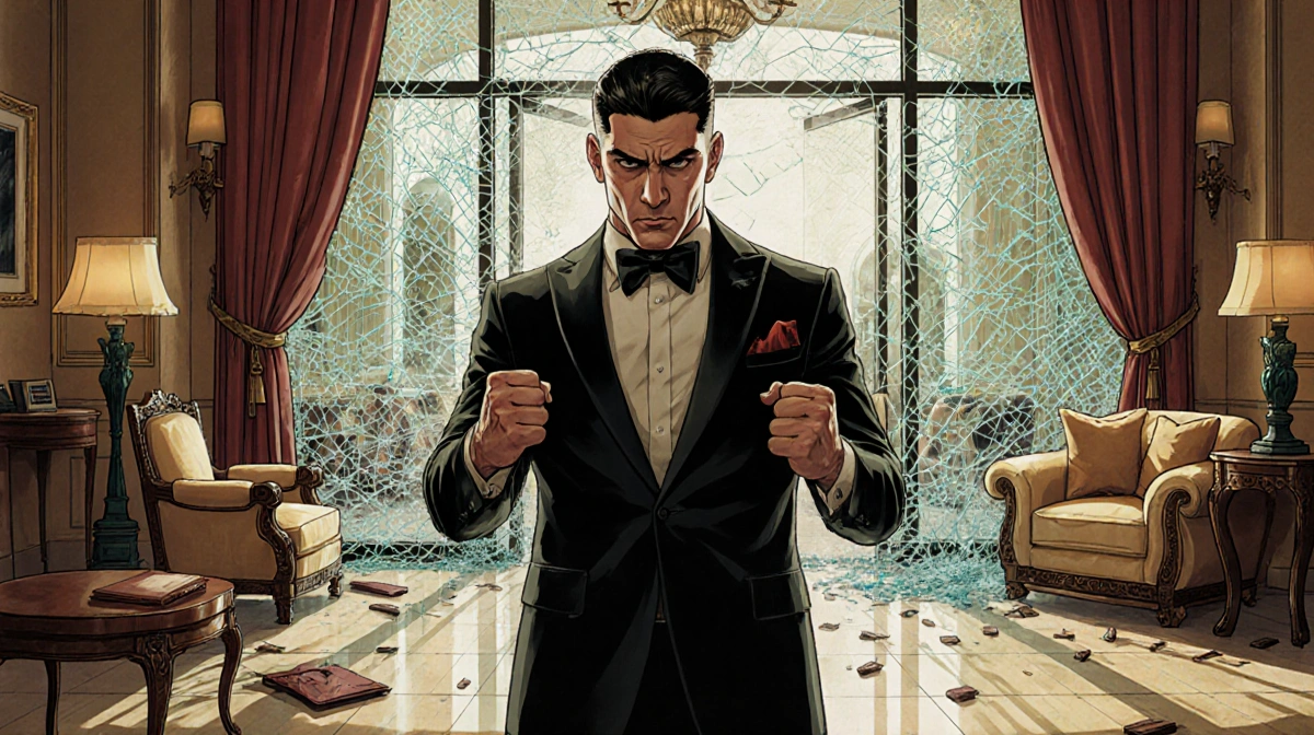 Ryan Garcia stands with clenched fists amid shattered glass and broken furniture in luxury hotel lobby