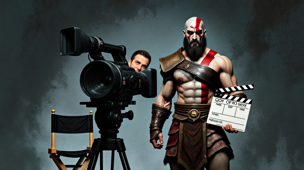 Ryan Hurst dressed as Kratos stands before camera with director Frederick Toye peeking behind and clapboard nearby
