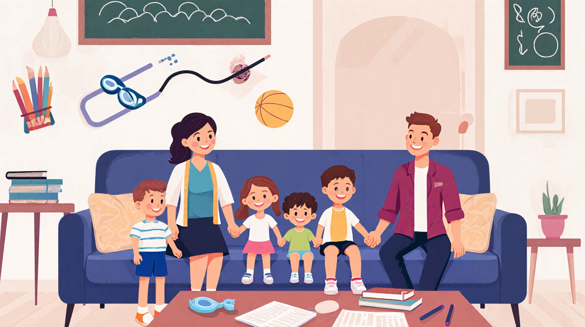 Ryan Lochte sitting with Molly Gillihan and their six children on couch with swim goggles and books nearby