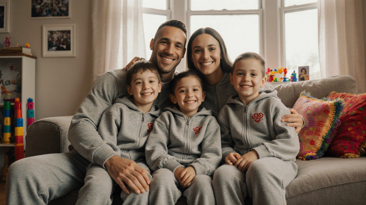 Ryan Lochte and his girlfriend relaxing with three kids in matching sweatsuits while family photos and toys fill the cozy liv