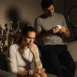 Aryna Sabalenka relaxing on couch with tennis trophies while Andrey Rublev stands nearby holding ring box