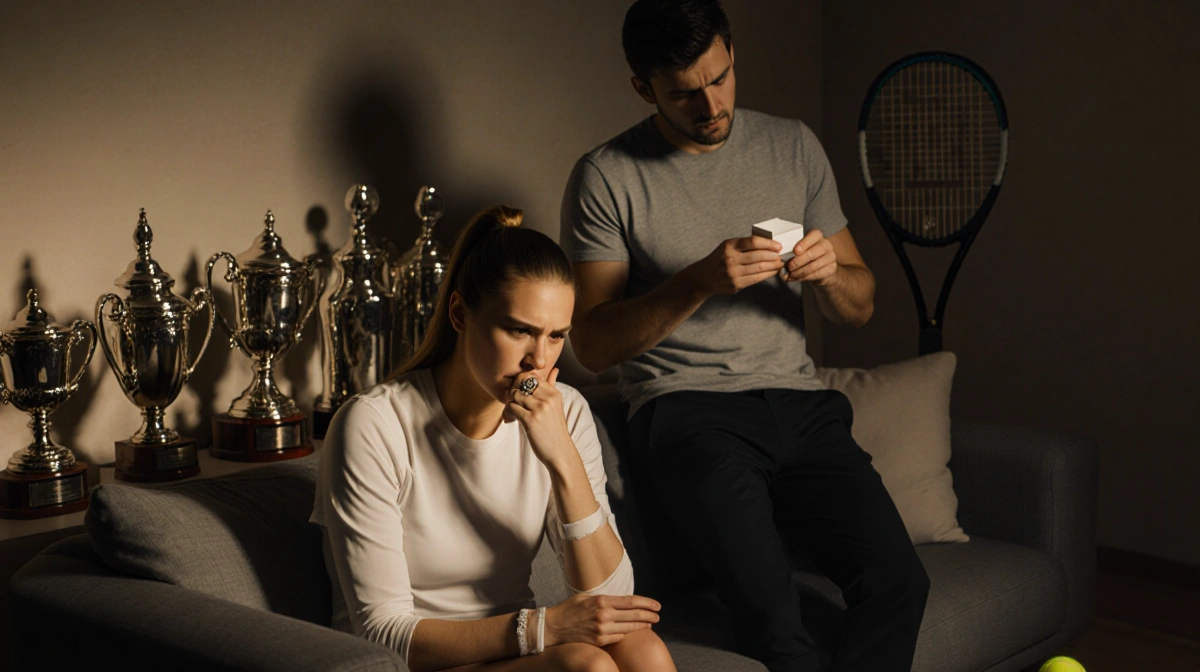 Aryna Sabalenka relaxing on couch with tennis trophies while Andrey Rublev stands nearby holding ring box