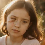 Sabrina sitting with plants behind her looks at camera with gentle light on her face showing vulnerability