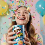 Sabrina Carpenter opens Pringles Petals can with colorful paper petals floating up and confetti balloons behind her