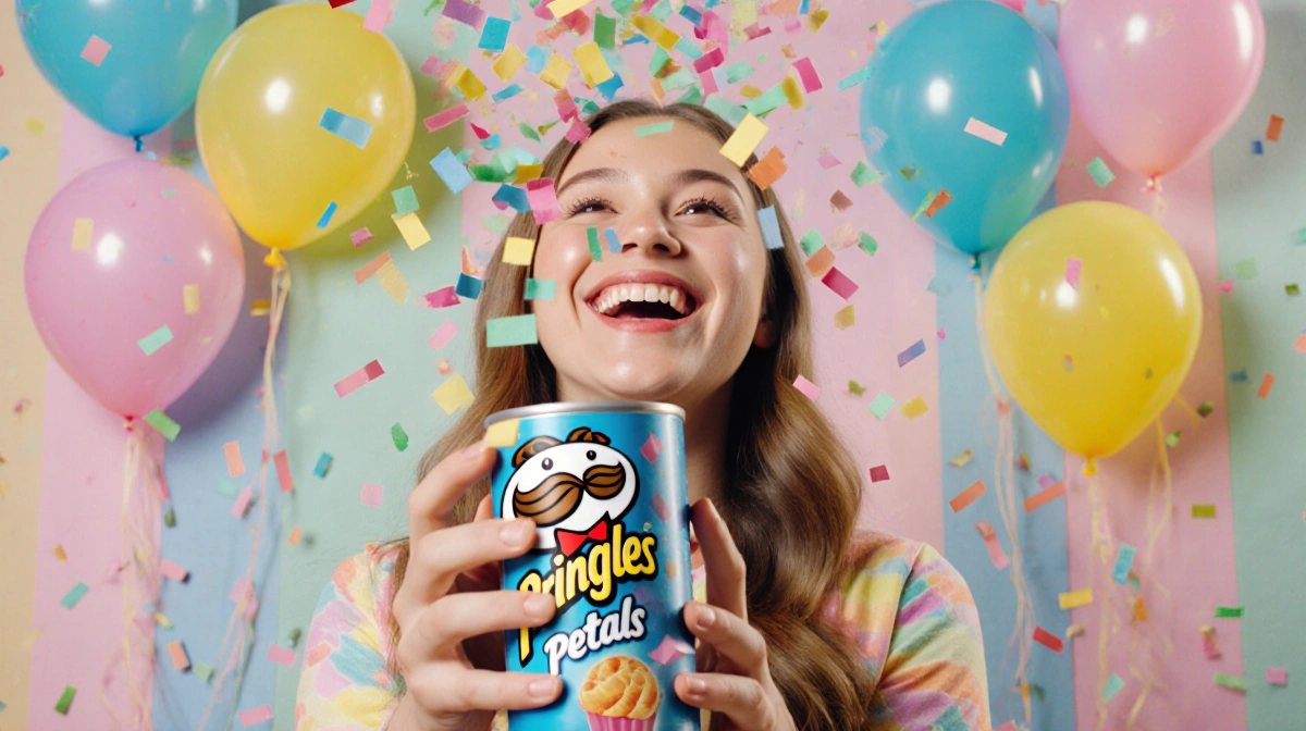 Sabrina Carpenter opens Pringles Petals can with colorful paper petals floating up and confetti balloons behind her