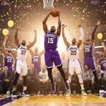 Malik Monk sinks three-pointer with Sacramento Kings bench celebrating victory and confetti falling