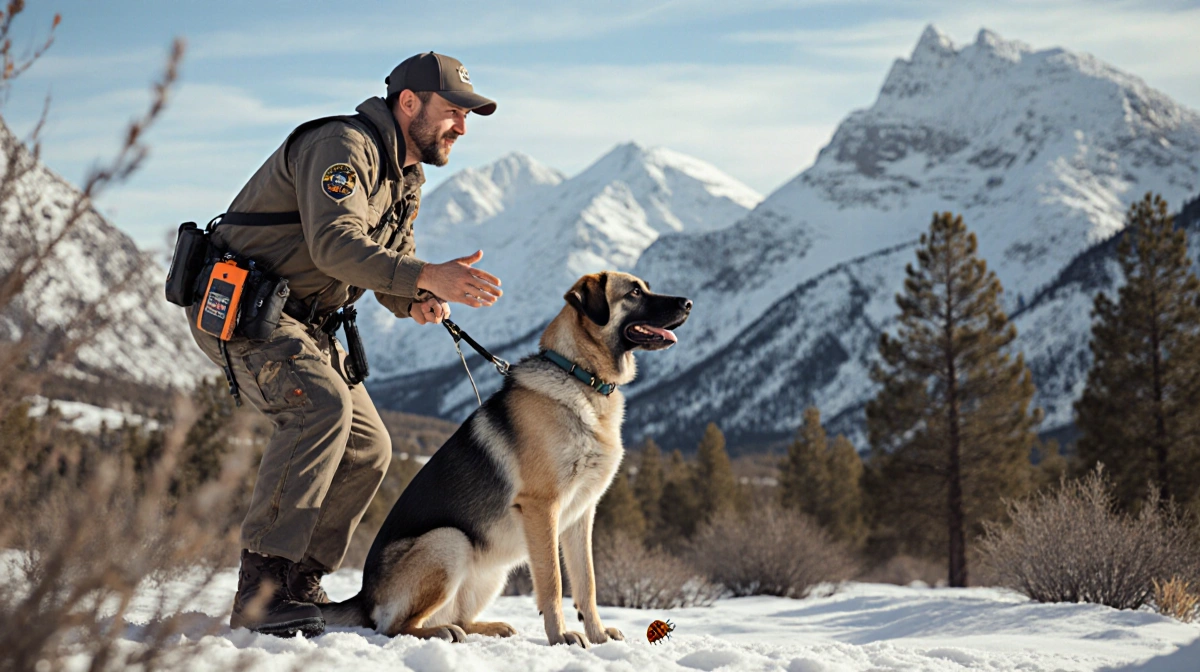 Man gestures excitedly toward search and rescue dog with snowy mountains and detection equipment nearby