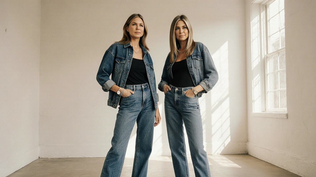 Sadie Sink and Jennifer Aniston modeling straight-cut denim jeans with natural light and confident poses