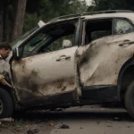 Person typing at laptop with blank screen showing error message