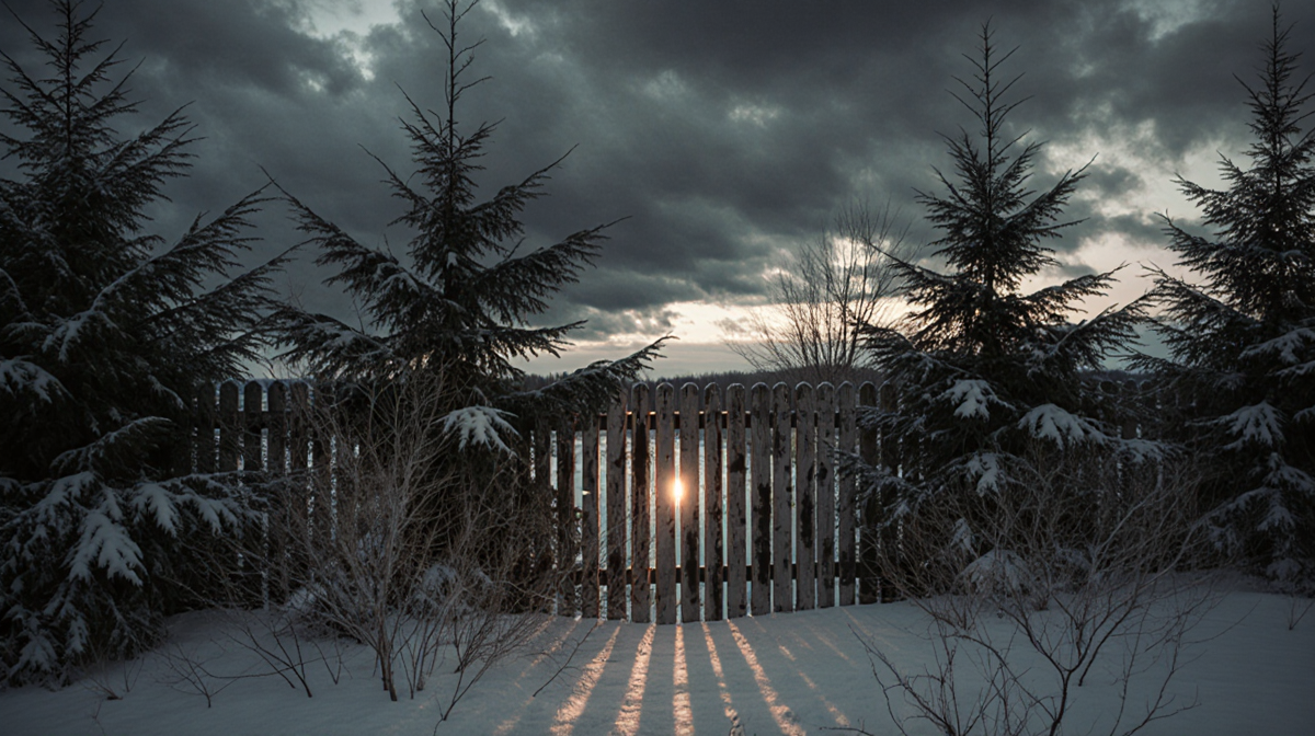 Eerie glow emanates from center with fence overgrown by evergreens under stormy winter sky symbolizing safety.