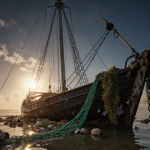 Sailboat half‑submerged glows in golden sunset over Caribbean waters with tangled fishing net and scattered debris