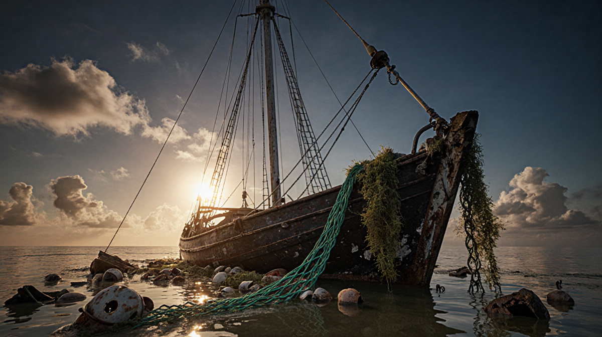 Sailboat half‑submerged glows in golden sunset over Caribbean waters with tangled fishing net and scattered debris