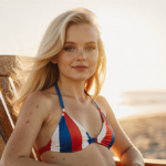 Sailor Brinkley-Cook sitting on a vintage wooden beach chair wearing a bold red and blue striped bikini with sunset glow