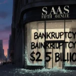 Saks Fifth Avenue storefront at dusk with shattered glass and vandalized graffiti showing bankruptcy and 2.5 billion dollar d