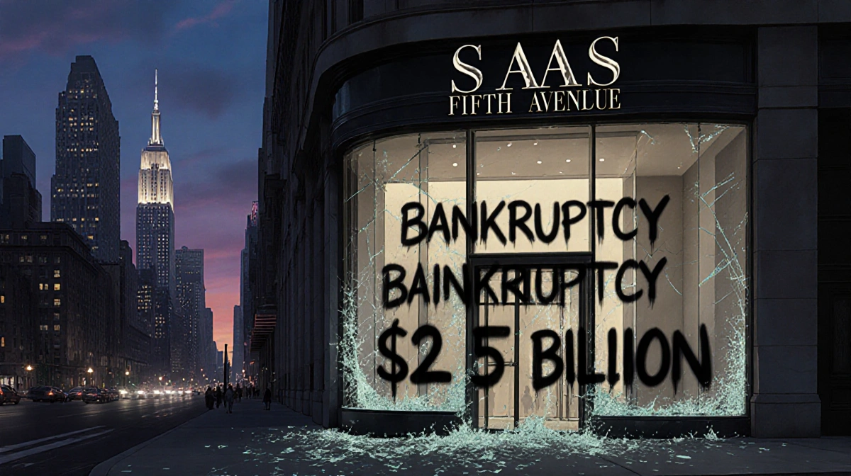 Saks Fifth Avenue storefront at dusk with shattered glass and vandalized graffiti showing bankruptcy and 2.5 billion dollar d