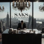 Executive sits at desk with financial documents and city skyline through windows showing Saks Fifth Avenue logo