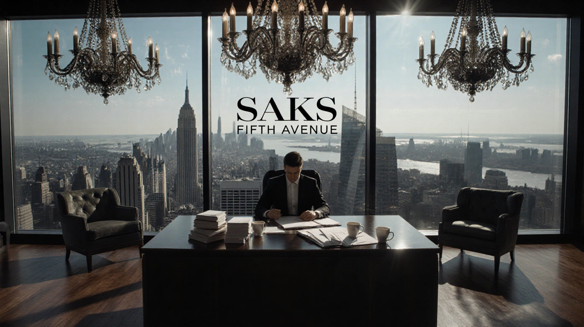 Executive sits at desk with financial documents and city skyline through windows showing Saks Fifth Avenue logo