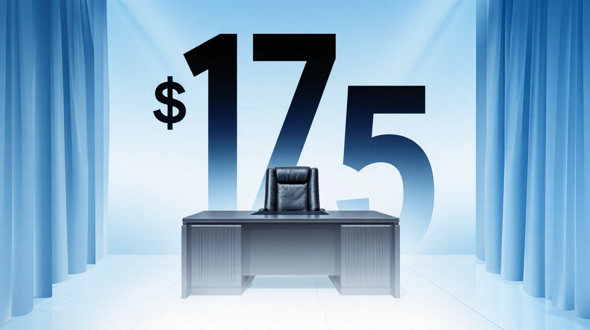 Large $1.75 billion numeral stands in luxury office with leather desk chair and gradient blue background