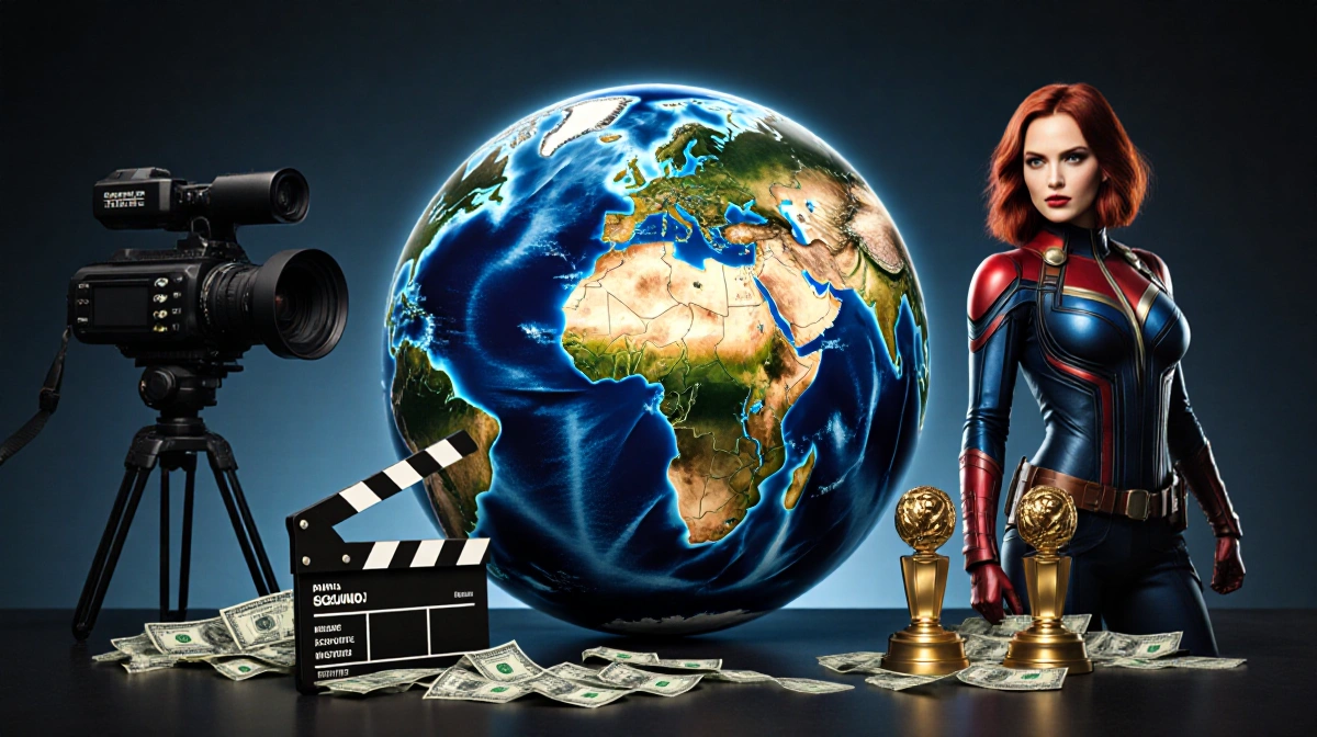 Giant globe etched with 15.5 billion dollars stands with film cameras and awards celebrating box office records
