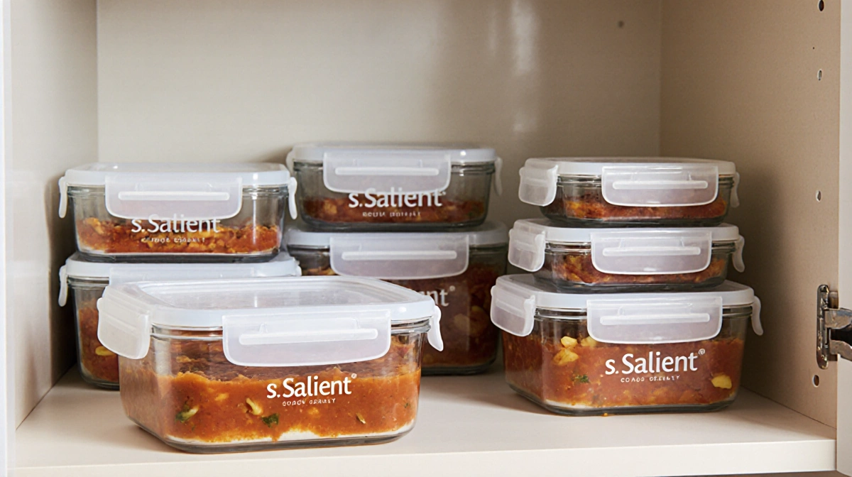 Glass storage containers with stacked lids showing leak-proof design and organized kitchen cabinet shelf behind