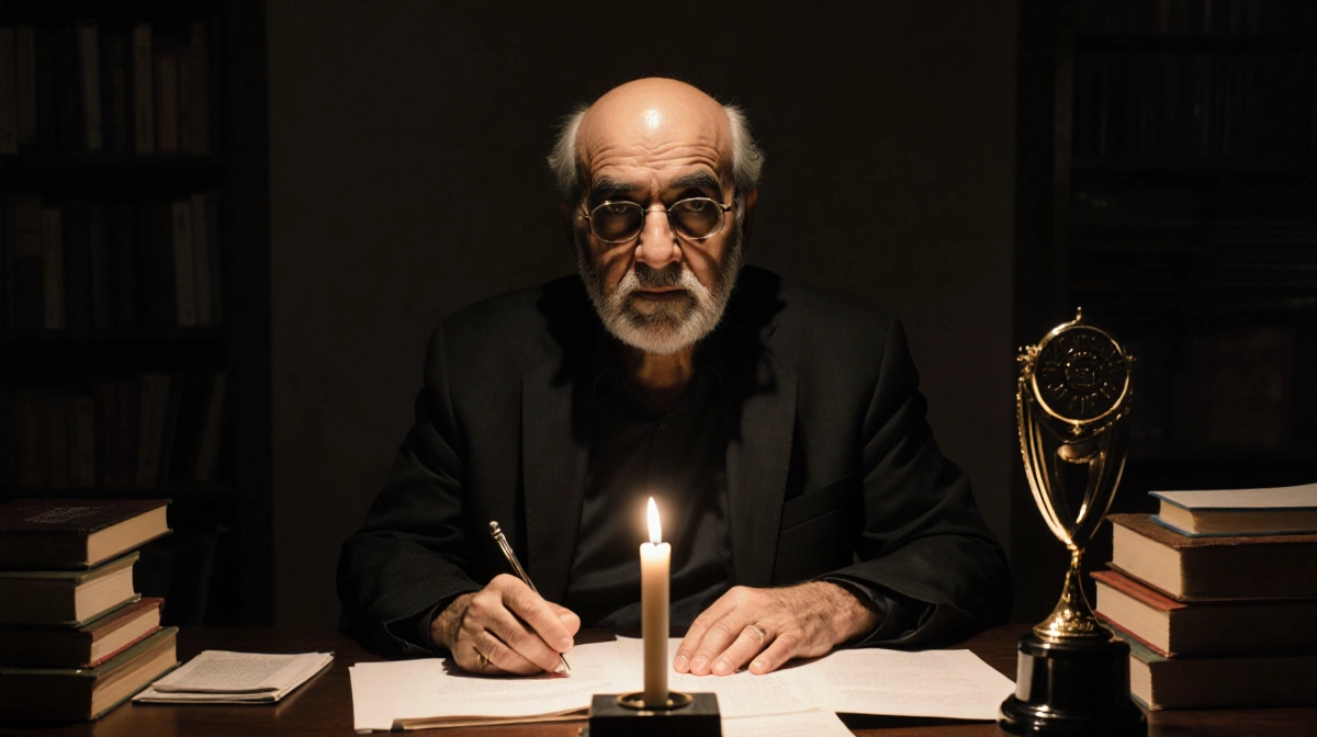 Salman Rushdie writing at desk with flickering candle and Booker Prize trophy showing quiet contemplation