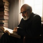Salman Rushdie reading a book with stacks of books around him and soft light from the window
