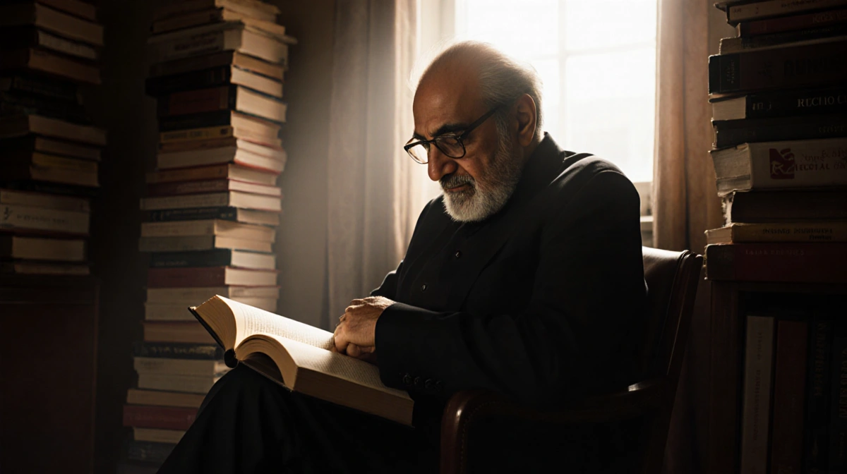 Salman Rushdie reading a book with stacks of books around him and soft light from the window