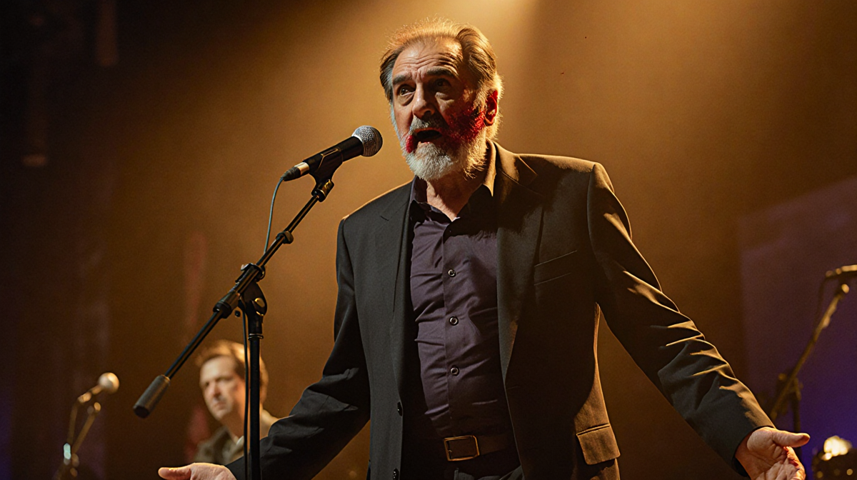 Salman Rushdie being stabbed by a gunman with shocked expression at a literary festival in Chautauqua