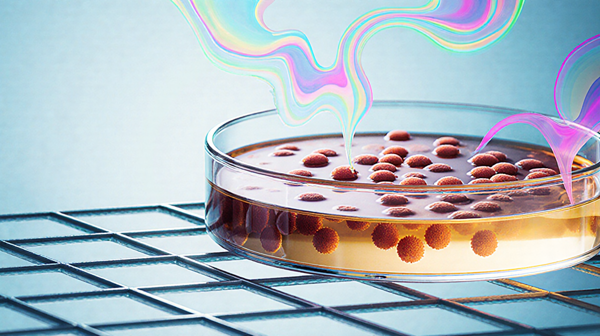 Petri dish showing Salmonella bacteria with warm orange cells and swirling blue patterns in laboratory background