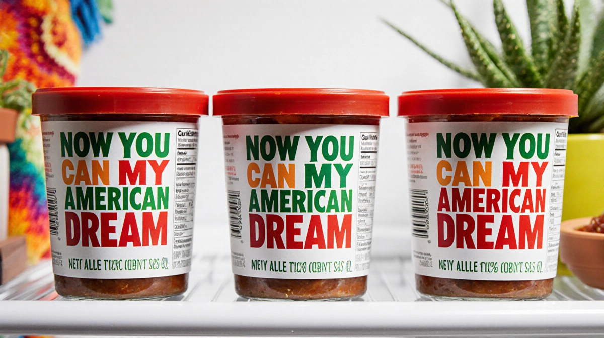 Three salsa tubs sit on refrigerator shelf with playful taglines and Mexican blanket nearby