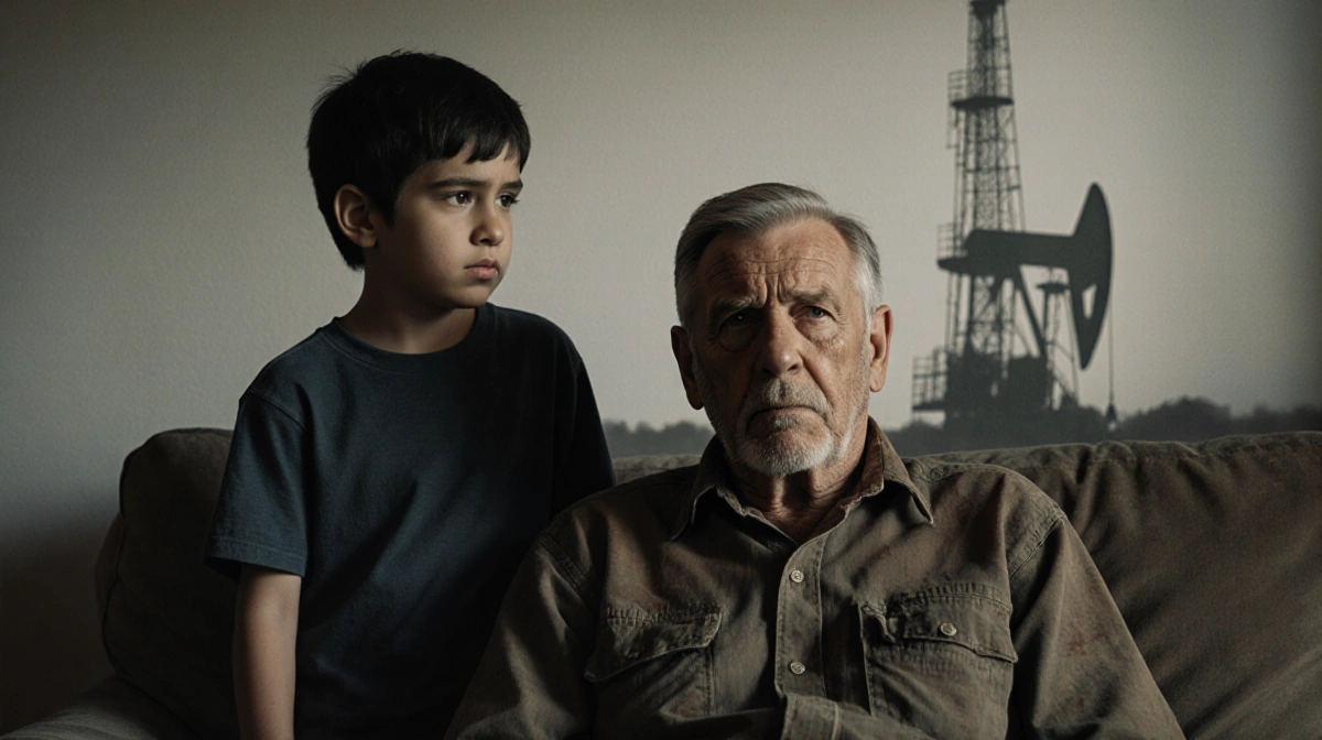Older man sits with younger son in dim living room with oil rig visible behind them showing family legacy