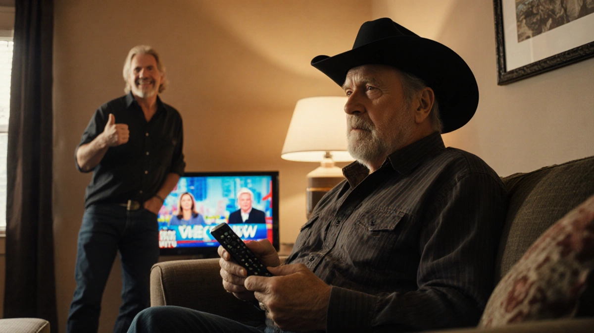 Sam Elliott watches The View with remote in hand and Billy Bob Thornton grinning nearby