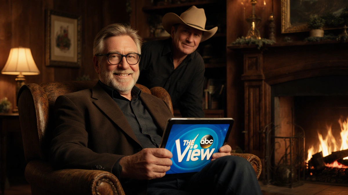 Sam Elliott smiles while holding tablet showing The View with Billy Bob Thornton nearby and cozy fireplace glow