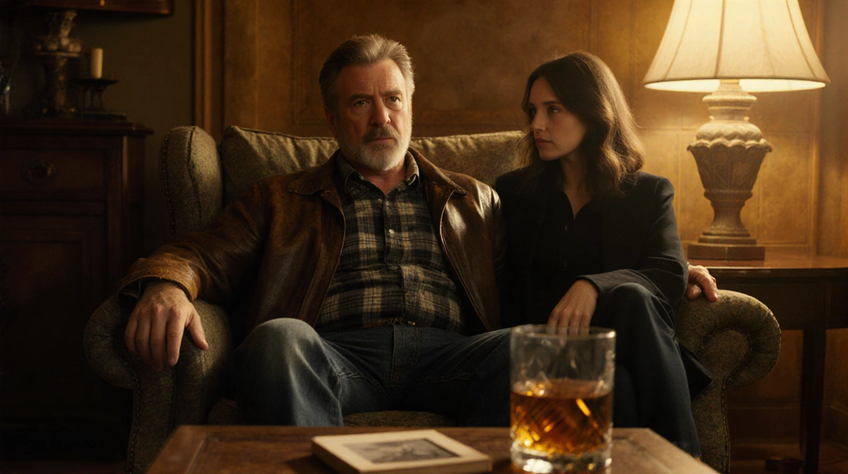 Sam Elliott sitting in armchair with whiskey glass and vintage photograph on table beside shadowed companion