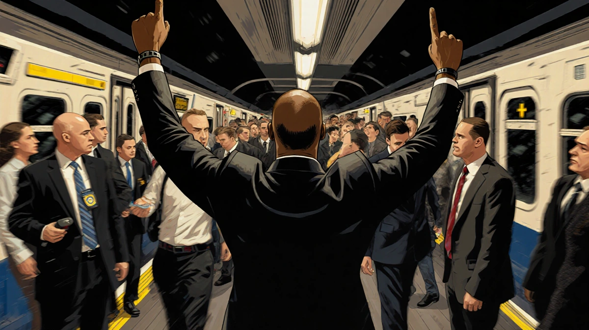 Sam hijacking crowded underground train with arms raised and passengers blurred in motion