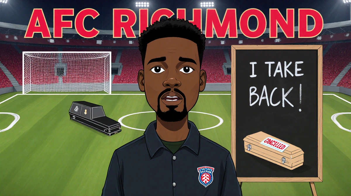 Toheeb Jimoh as Sam Obisanya stands at AFC Richmond pitch with tiny coffin and chalkboard showing I take it back