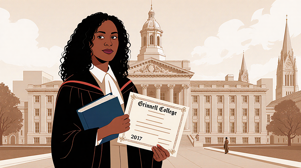 Samira Asma-Sadeque holds a 2017 diploma standing before Columbia University's campus with Grinnell College bookshelf nearby